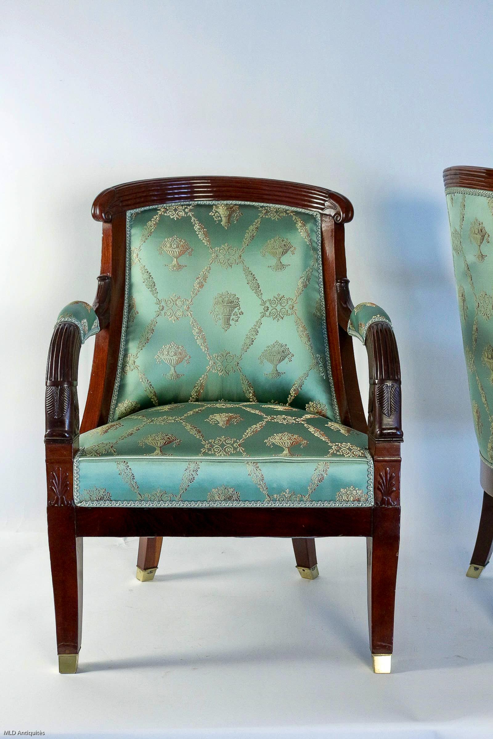 French Large Pair of Early 19th Century Empire Period Mahogany Armchairs 1