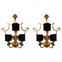 French Large Pair of Three Armed Bronze Wall Lights circa 1940