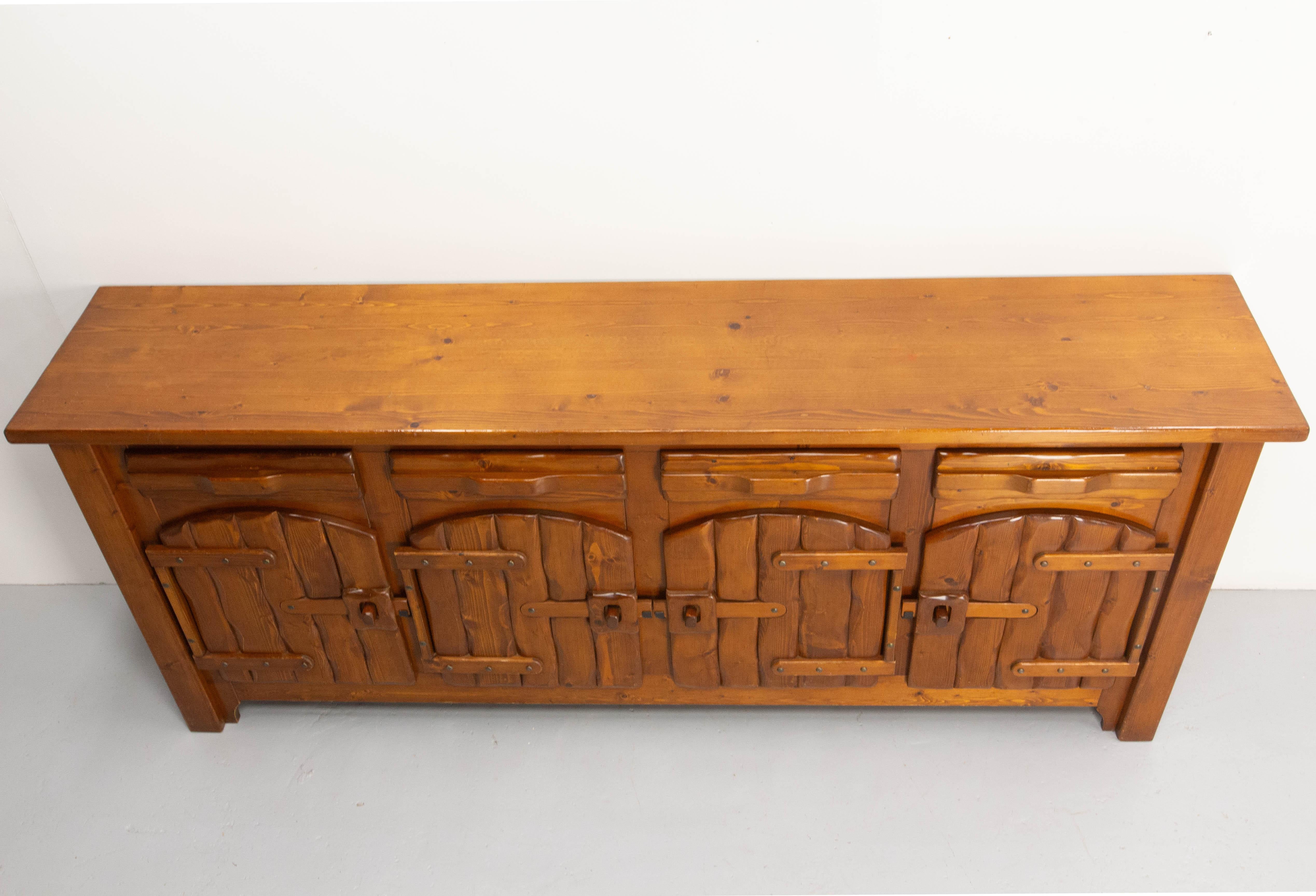 French Large Pine Chalet-Style Buffet Four Doors, circa 1970 For Sale 8