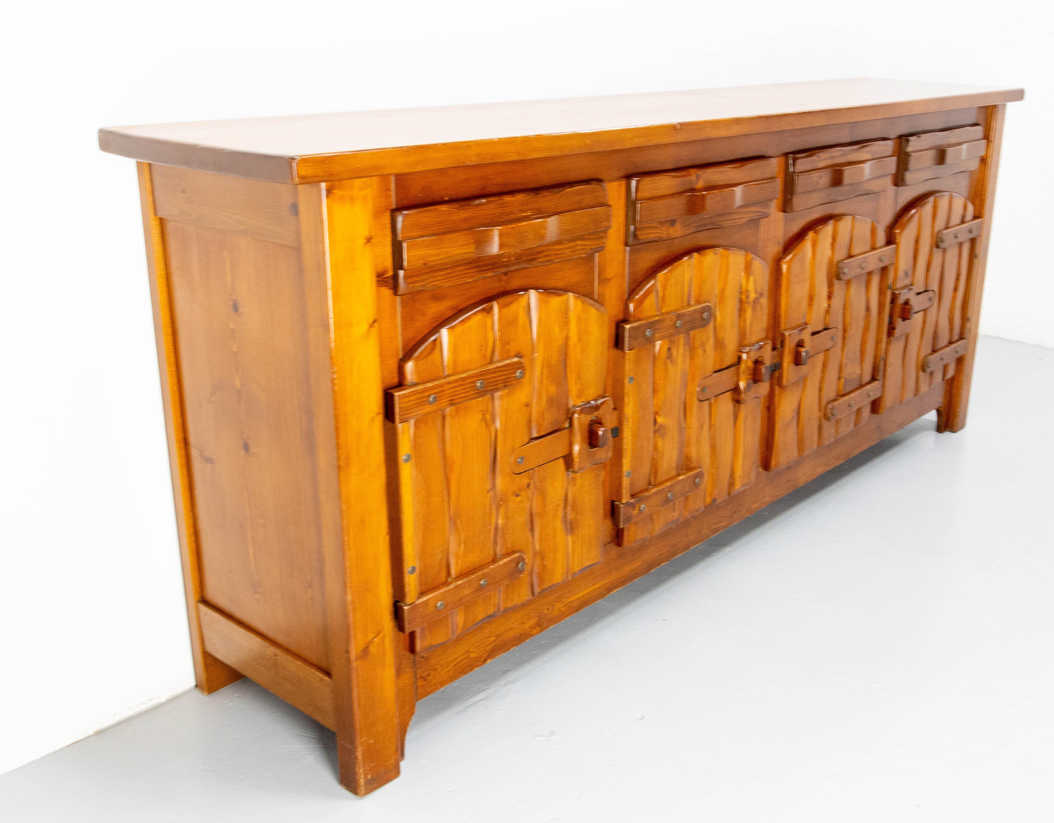 20th Century French Large Pine Chalet-Style Buffet Four Doors, circa 1970 For Sale