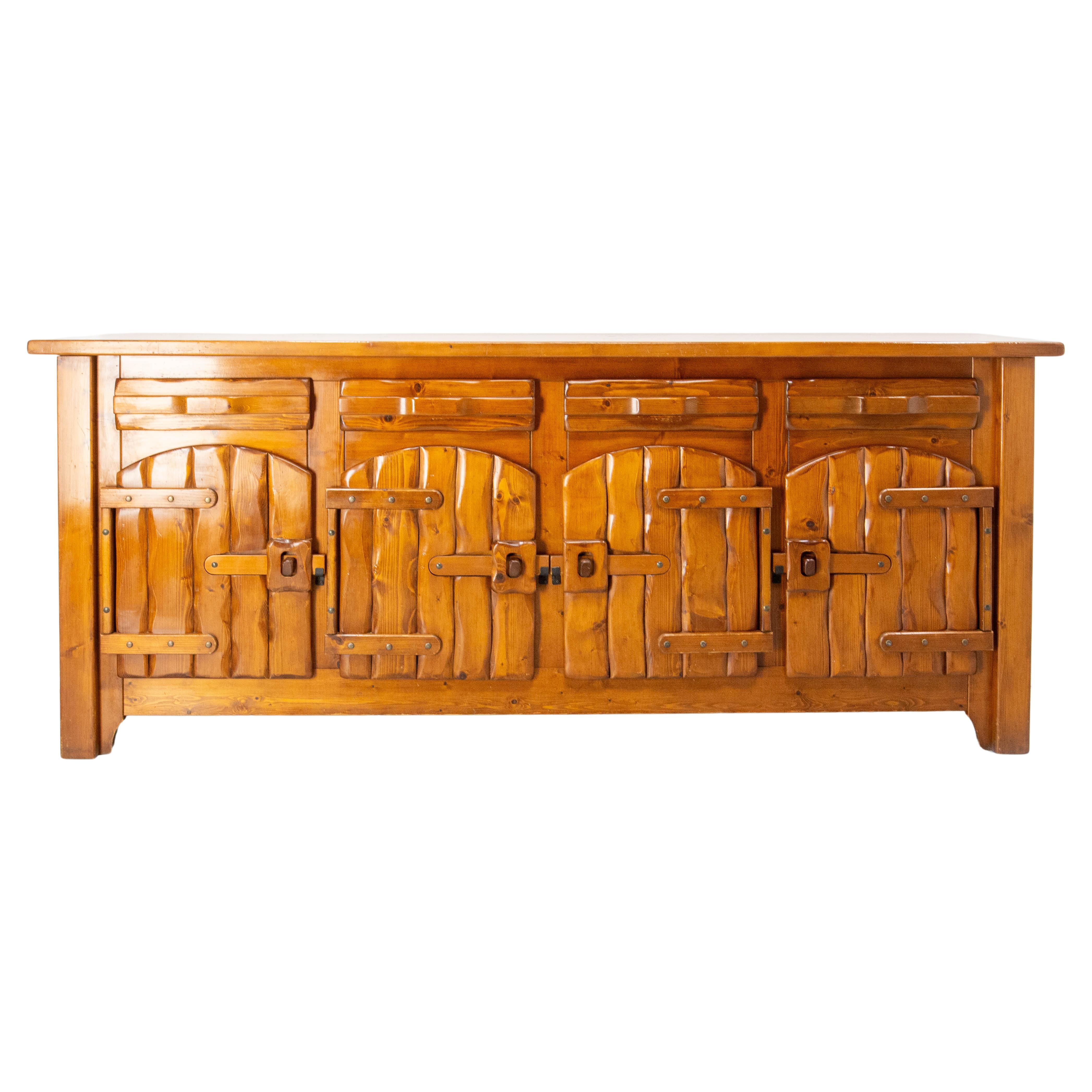French Large Pine Chalet-Style Buffet Four Doors, circa 1970 For Sale