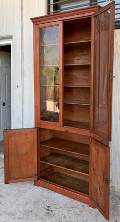 French Large Pine Cupboard or Bookcase with Glass Vitrine, 19th Century