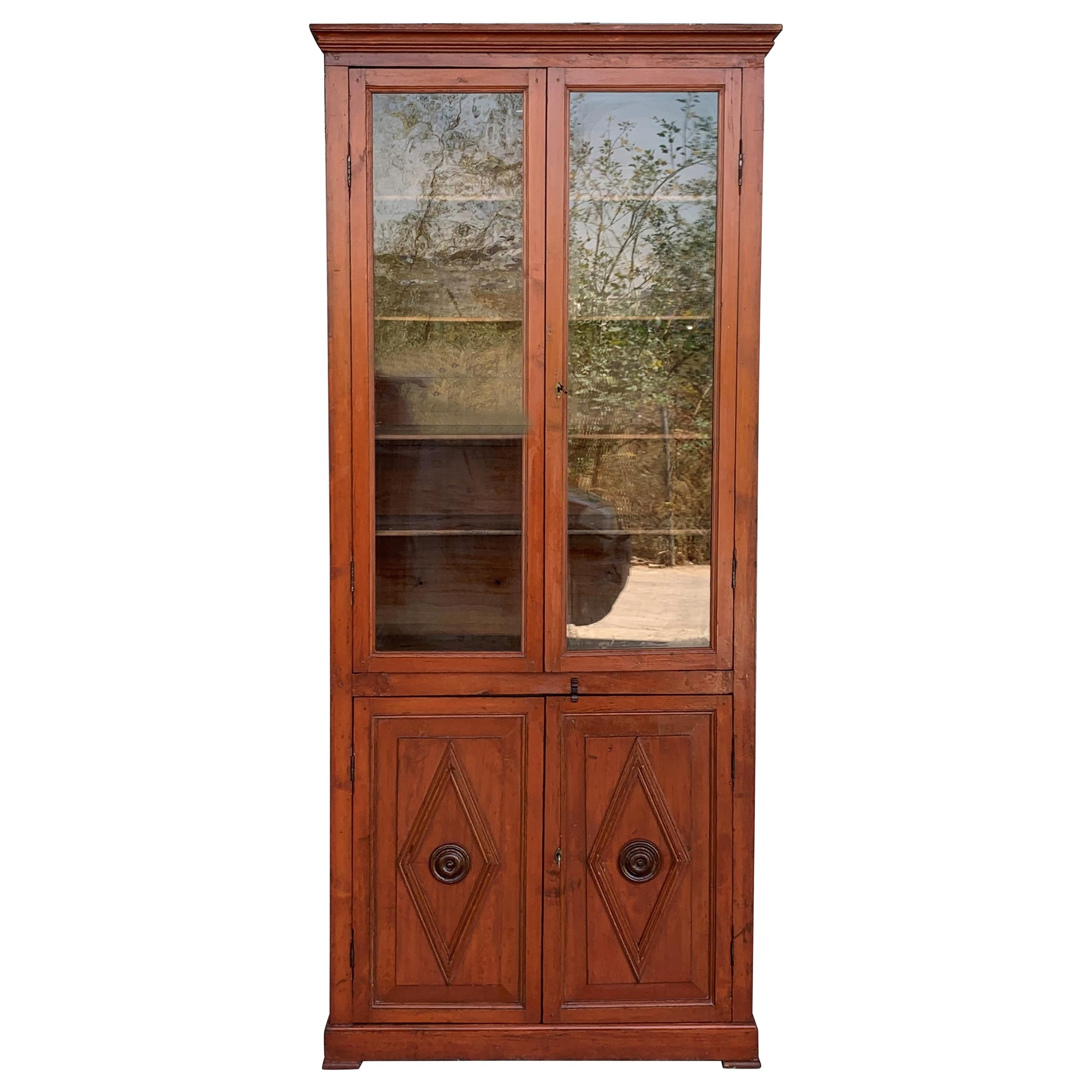 French Large Pine Cupboard or Bookcase with Glass Vitrine, 19th Century