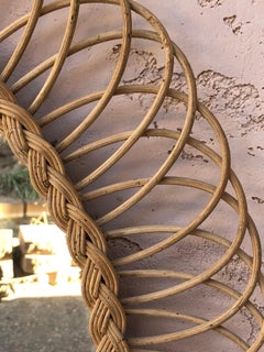 French Large Rattan Round Mirror, Circa 1950