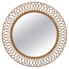 French Large Rattan Round Mirror, Circa 1950