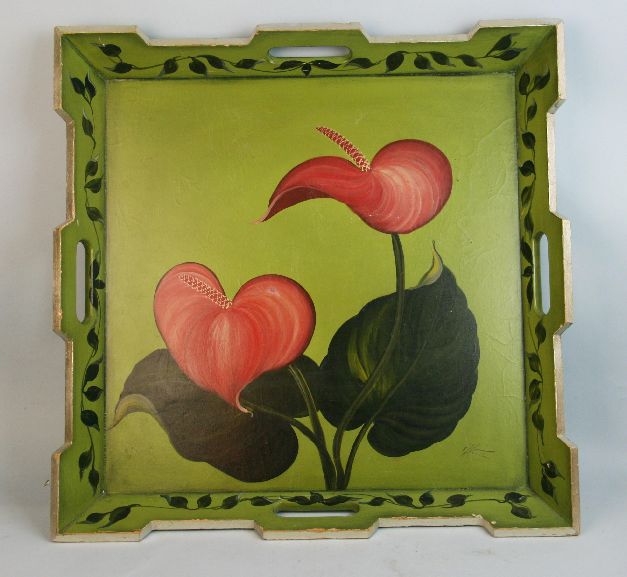 1340 French large rimed serving tray with hand painted floral resign.