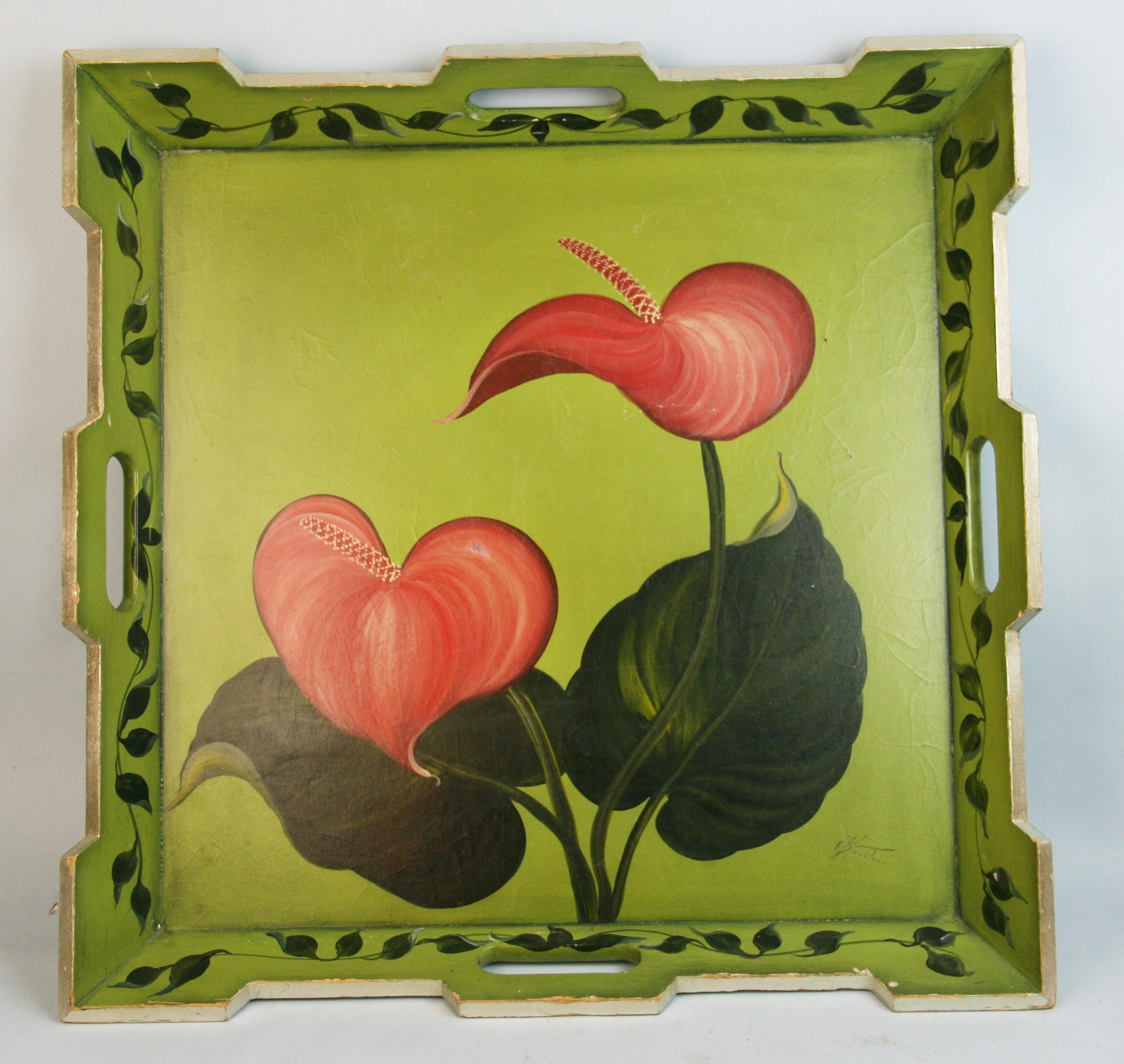 French, Large Rimmed Flower Wood Serving Tray In Good Condition In Douglas Manor, NY