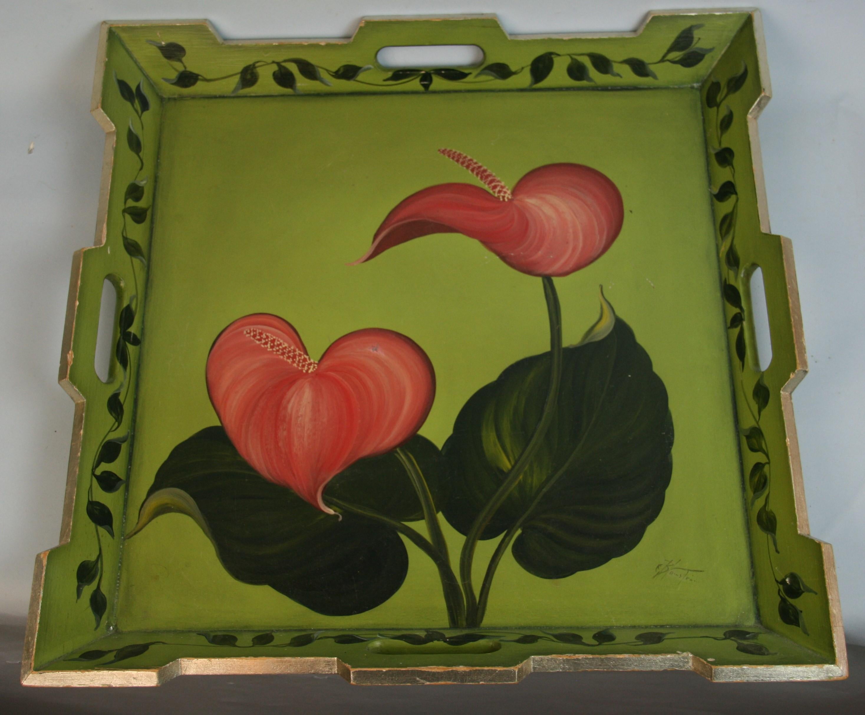 French, Large Rimmed Flower Wood Serving Tray 3