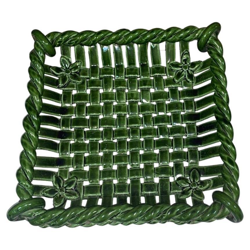 French Large Square Green Majolica Reticulated Bowl or Basket Vallauris circa 1950.
14 inches by 14 inches.
H / 3.5 inches.