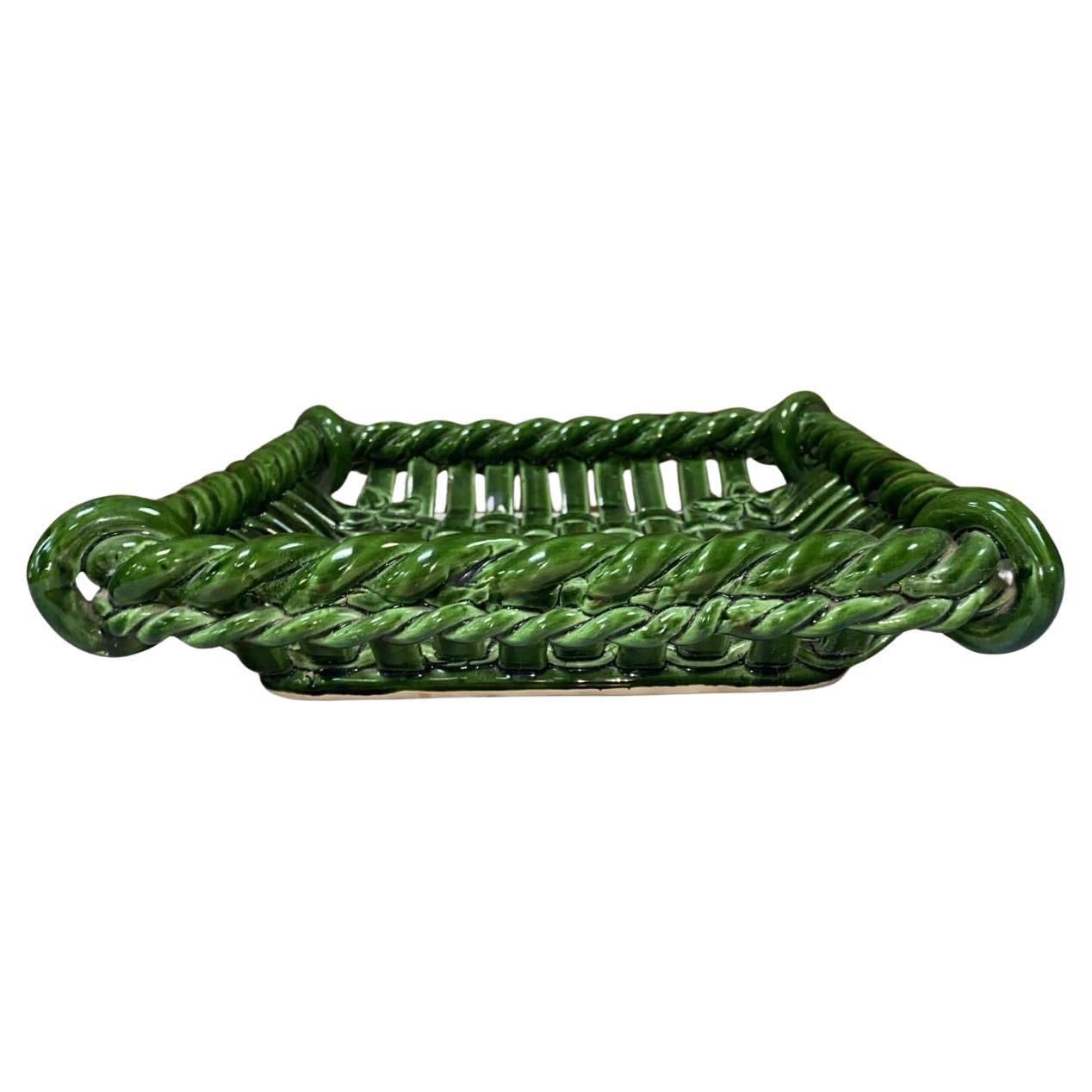 Mid-Century Modern French Large Square Green Majolica Bowl or Basket Vallauris circa 1950