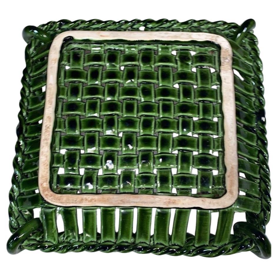 French Large Square Green Majolica Bowl or Basket Vallauris circa 1950 In Good Condition In Austin, TX