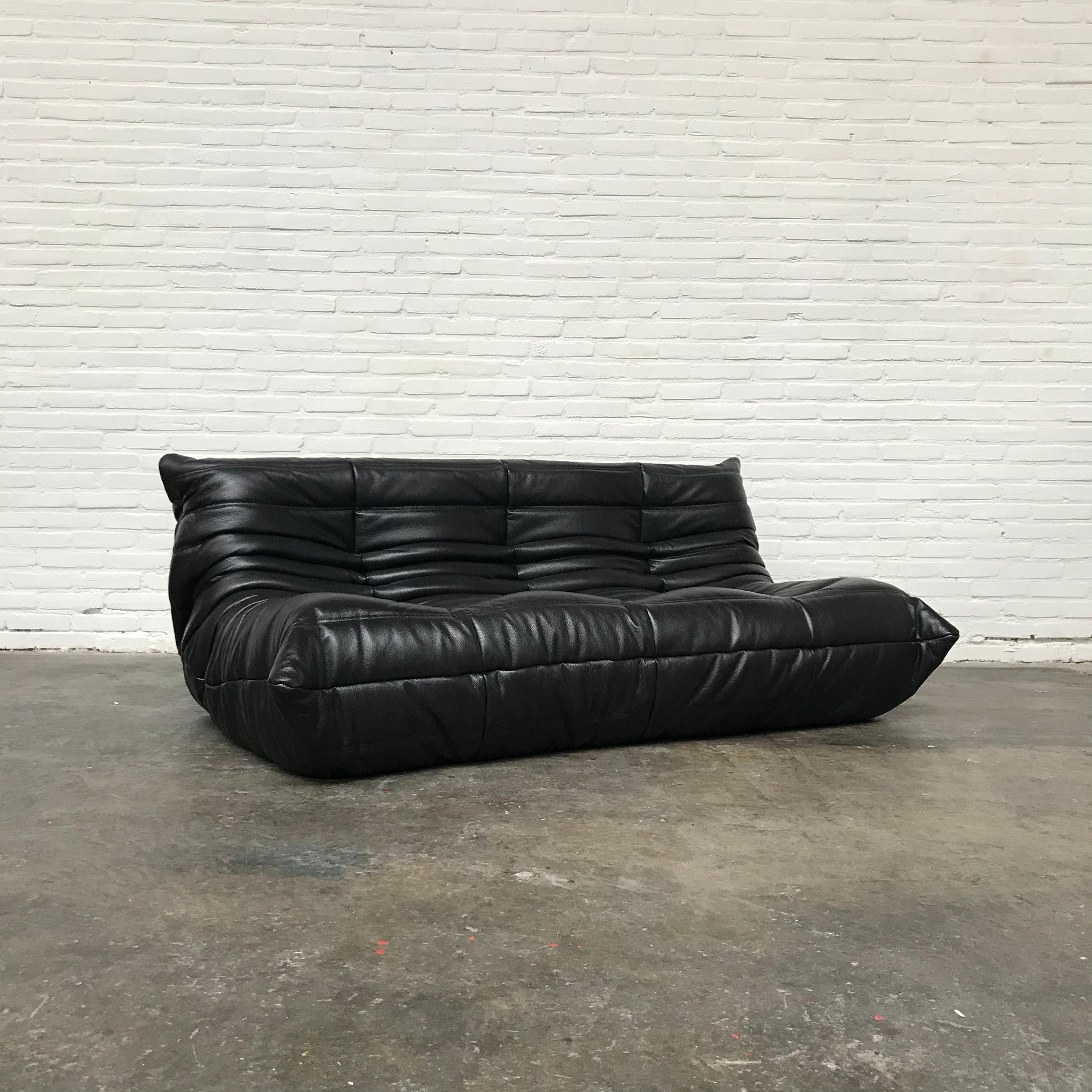 Mid-Century Modern French Large Togo Sofa in Black Leather by Michel Ducaroy for Ligne Roset For Sale