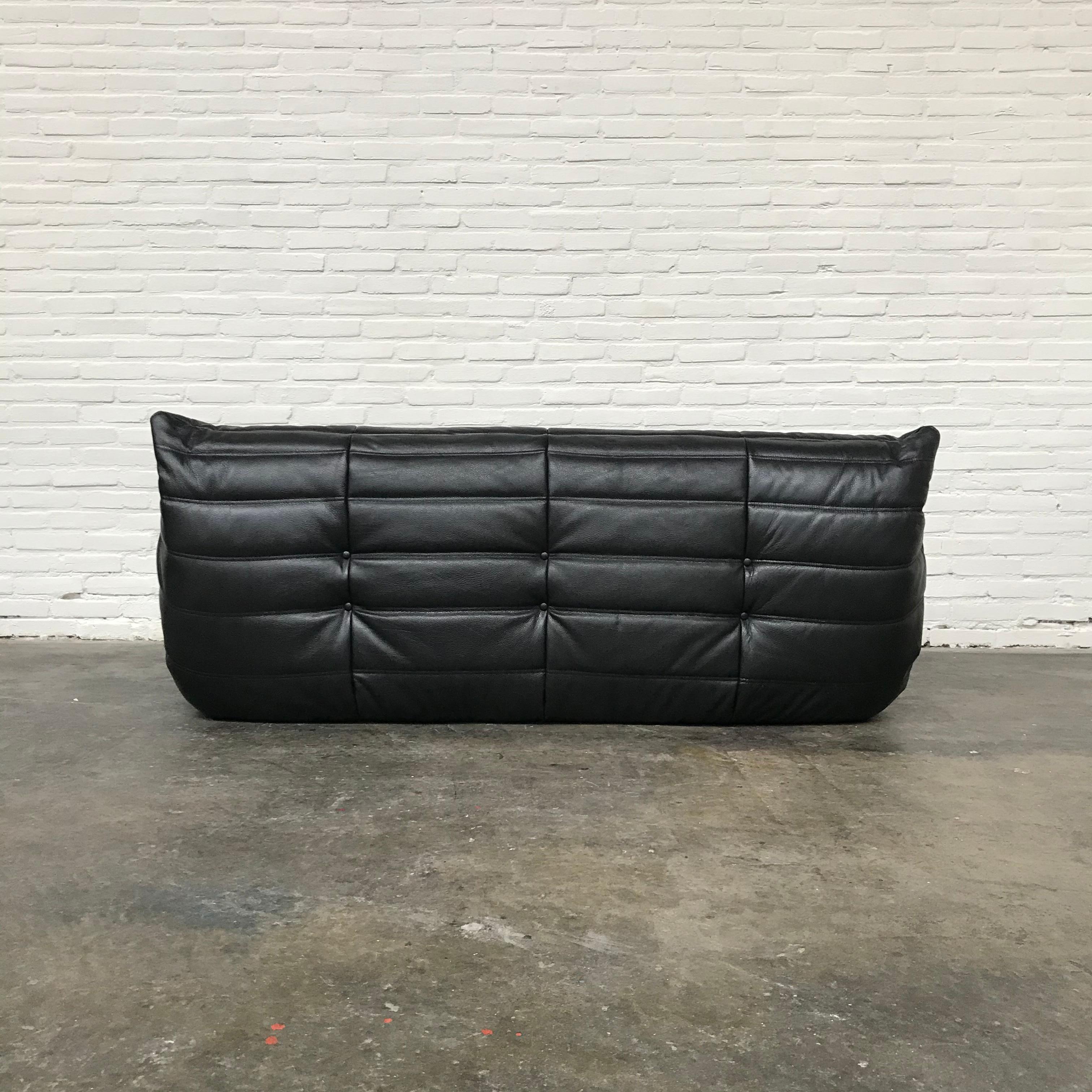 French Large Togo Sofa in Black Leather by Michel Ducaroy for Ligne Roset For Sale 1