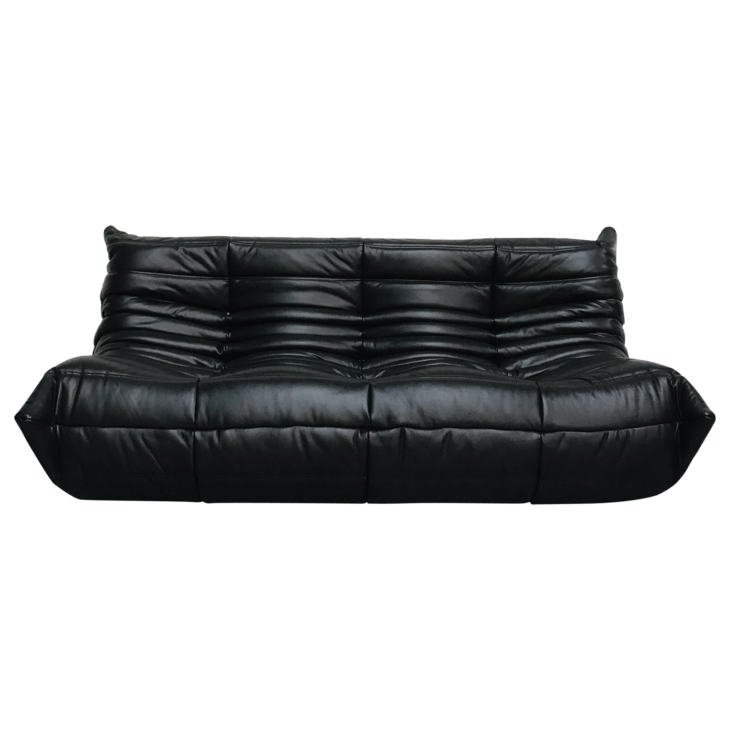 French Large Togo Sofa in Black Leather by Michel Ducaroy for Ligne Roset For Sale