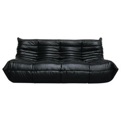 French Large Togo Sofa in Black Leather by Michel Ducaroy for Ligne Roset