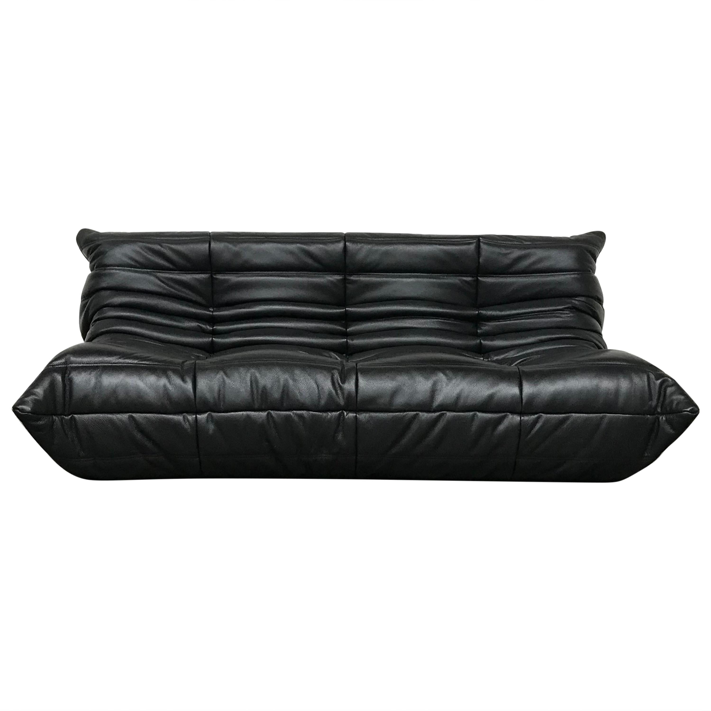 French Large Togo Sofa in Black Leather by Michel Ducaroy for Ligne Roset For Sale