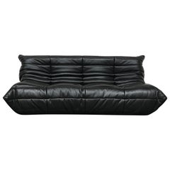 French Large Togo Sofa in Black Leather by Michel Ducaroy for Ligne Roset