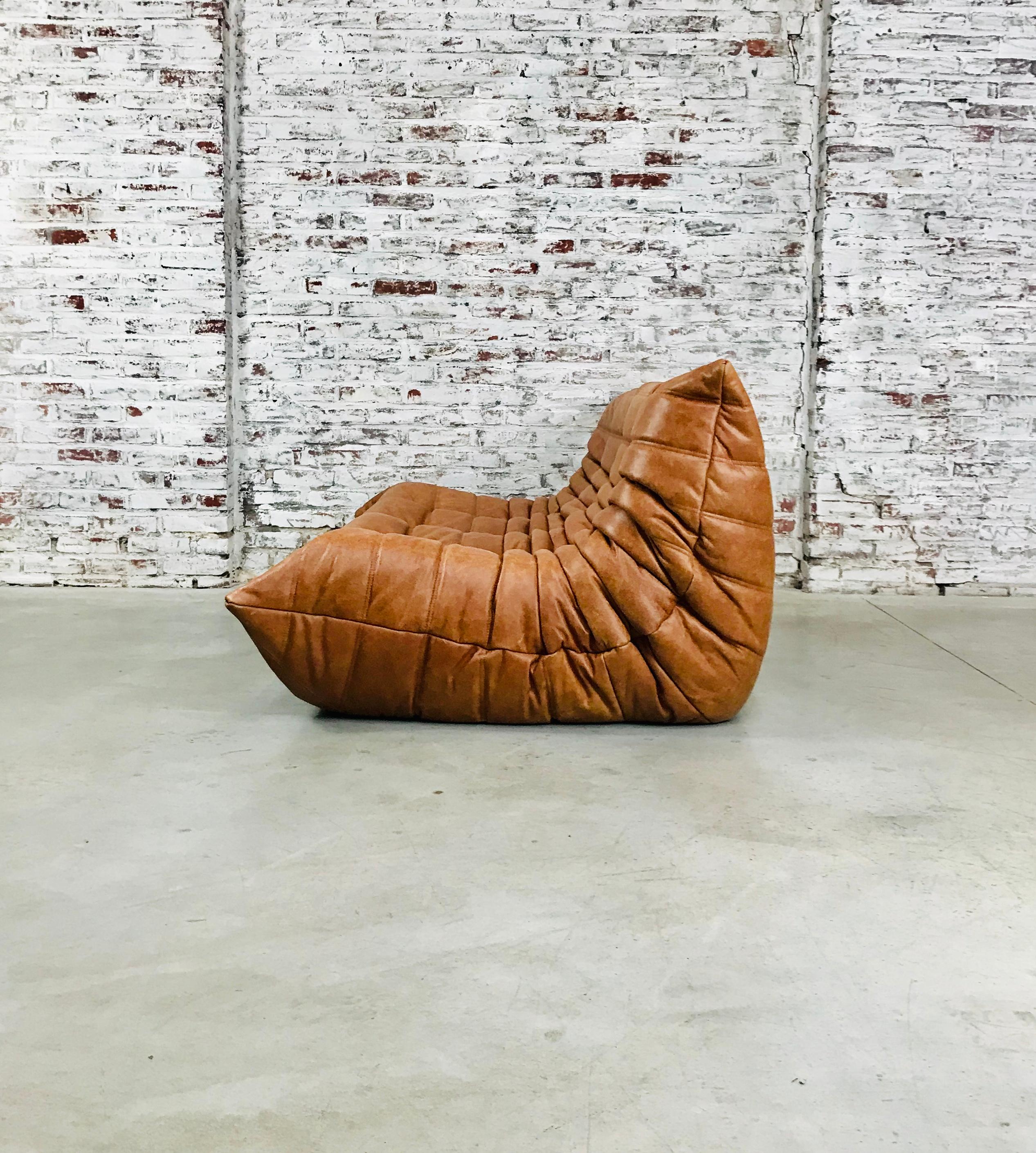 Großes französisches Togo-Sofa aus cognacfarbenem Leder von Michel Ducaroy für Ligne Roset (Moderne der Mitte des Jahrhunderts)