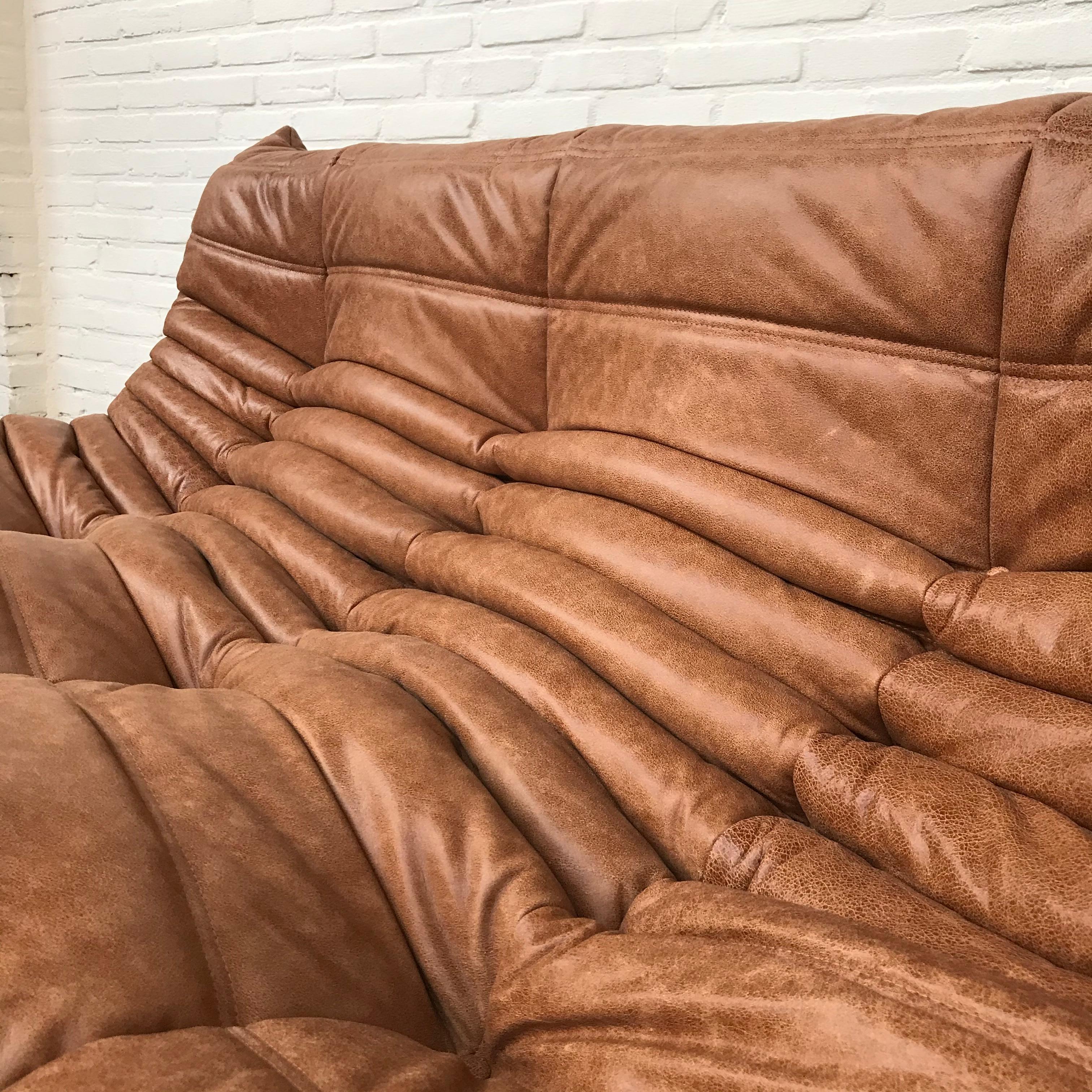 Mid-Century Modern French Large Togo Sofa in Cognac Leather by Michel Ducaroy for Ligne Roset