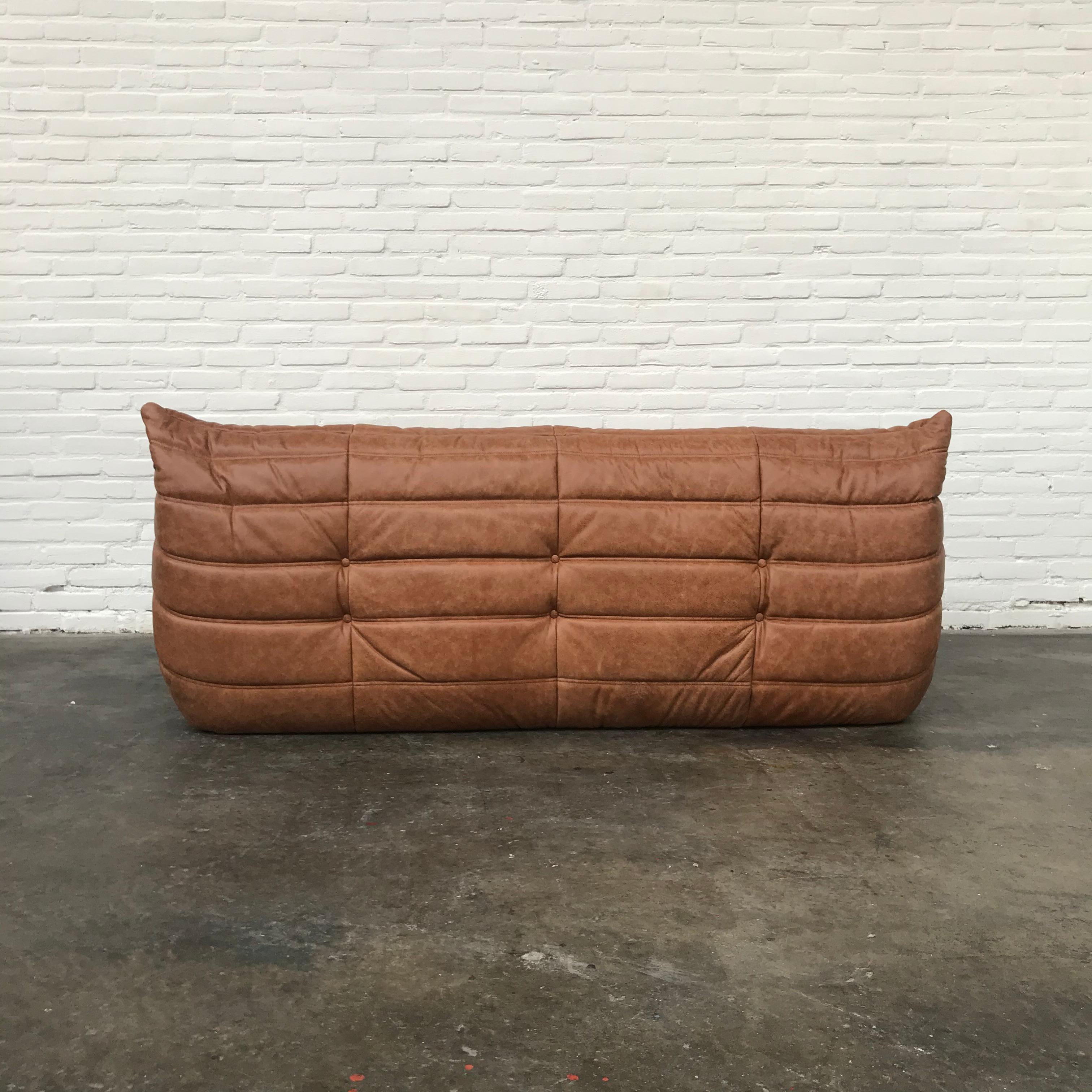 French Large Togo Sofa in Cognac Leather by Michel Ducaroy for Ligne Roset In Excellent Condition In Eindhoven, Netherlands
