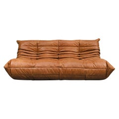 French Large Togo Sofa in Cognac Leather by Michel Ducaroy for Ligne Roset