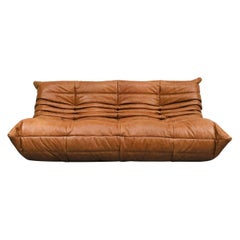 Grand canapé Togo français en cuir cognac de Michel Ducaroy pour Ligne Roset