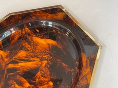 French Large Tortoiseshell Lucite & Brass Rim Octagon Serving Tray