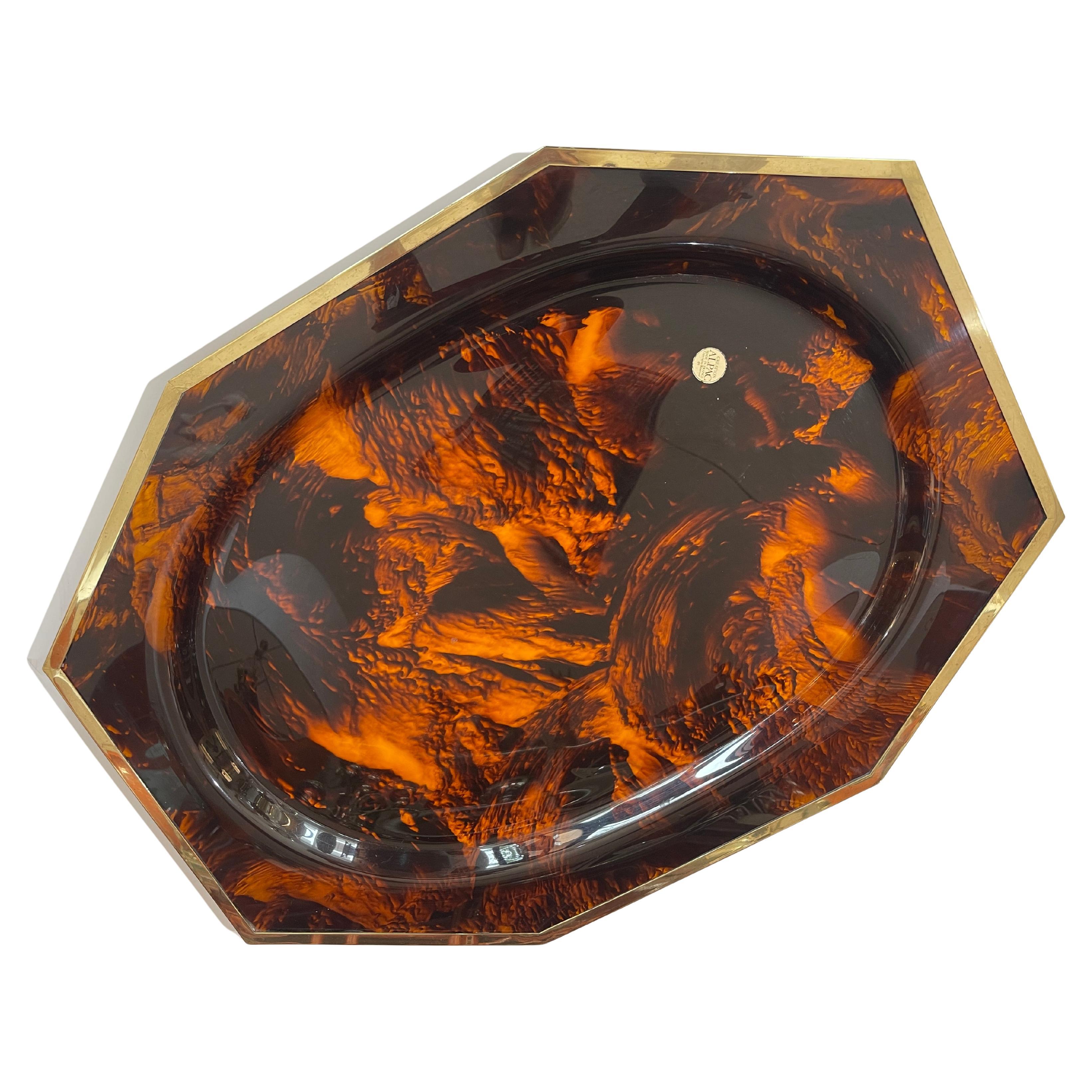 French Large Tortoiseshell Lucite & Brass Rim Octagon Serving Tray