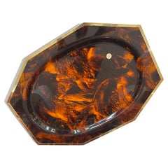 French Large Tortoiseshell Lucite & Brass Rim Octagon Serving Tray