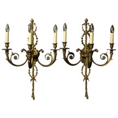 French Large Triple Arm Gilded Antique Wall Lights