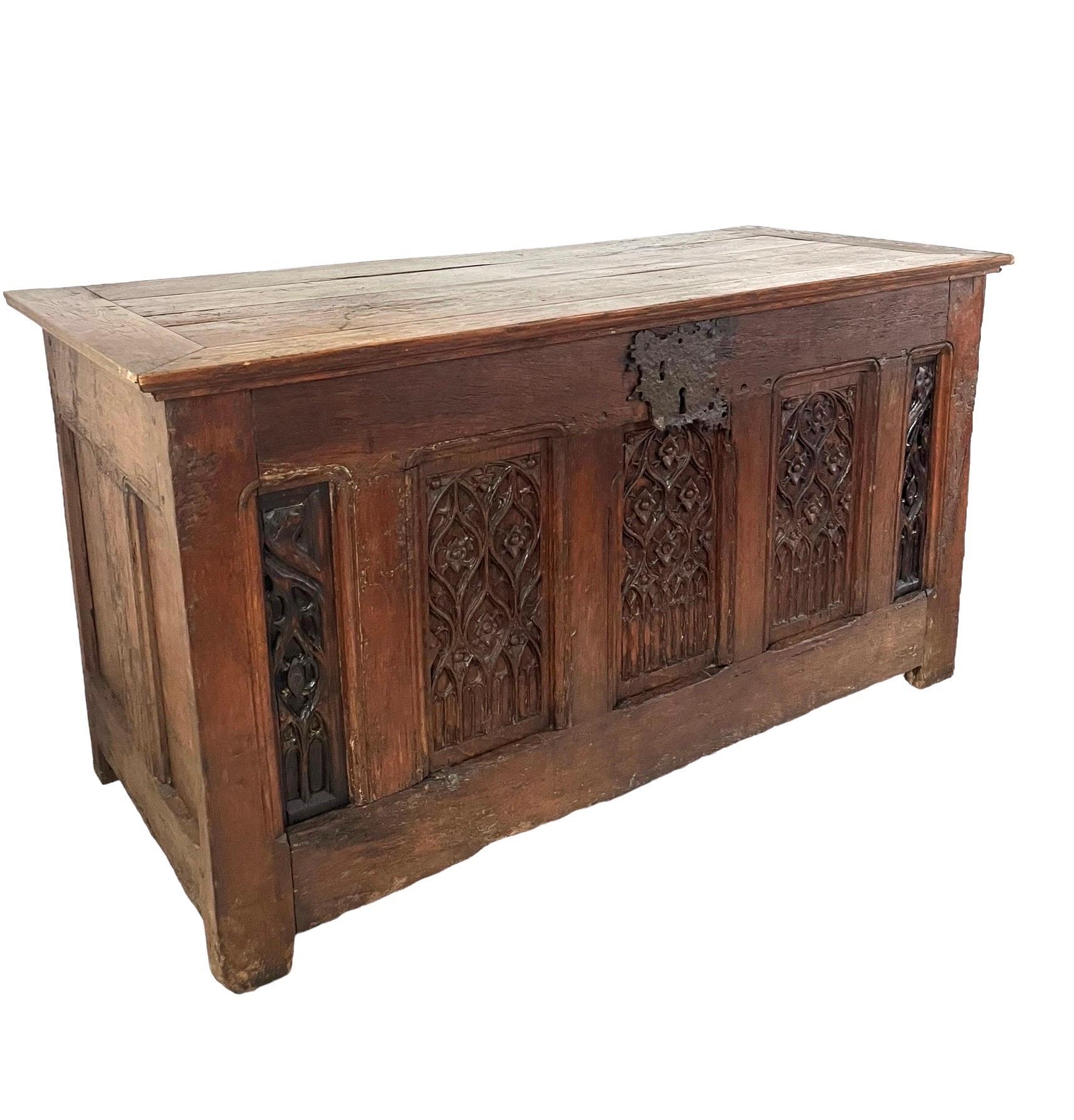Hand-Carved French Large Trunk- Chest - Gothic oak from the 16th century - France For Sale