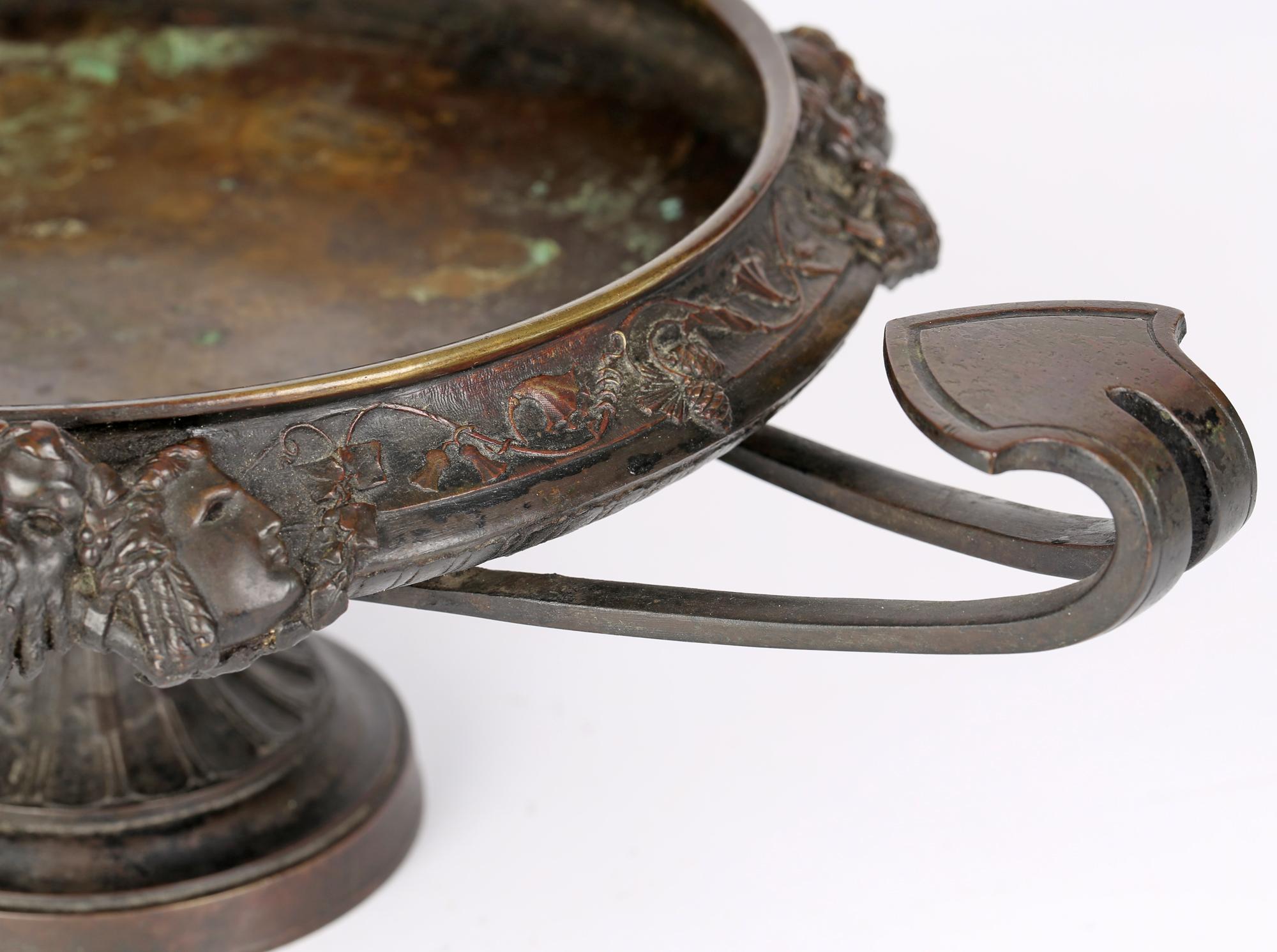 French Large Twin Handled Bronze Tazza with Classical Masks 4