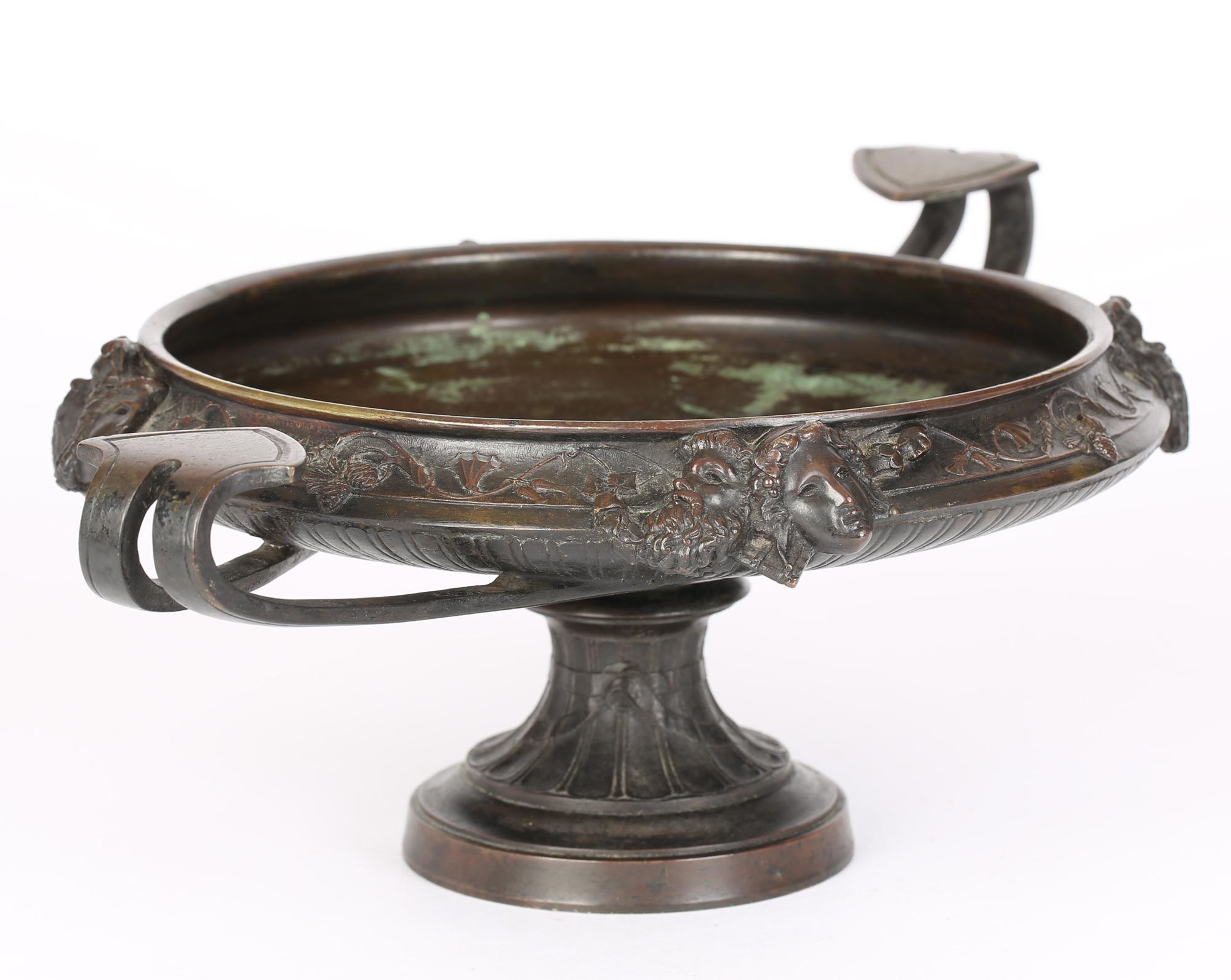 French Large Twin Handled Bronze Tazza with Classical Masks 5