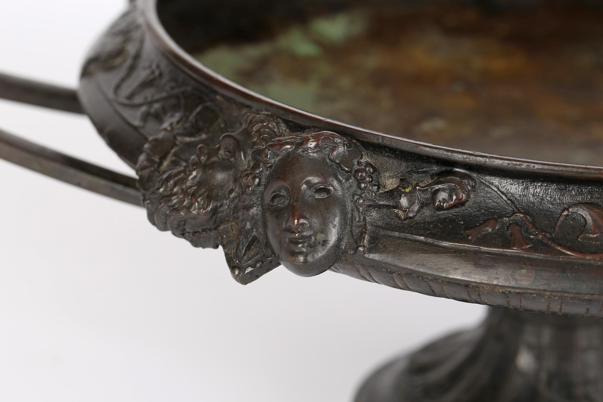 French Large Twin Handled Bronze Tazza with Classical Masks 7