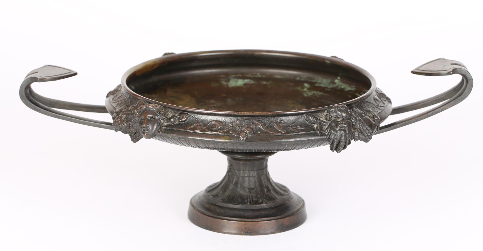 French Large Twin Handled Bronze Tazza with Classical Masks 8