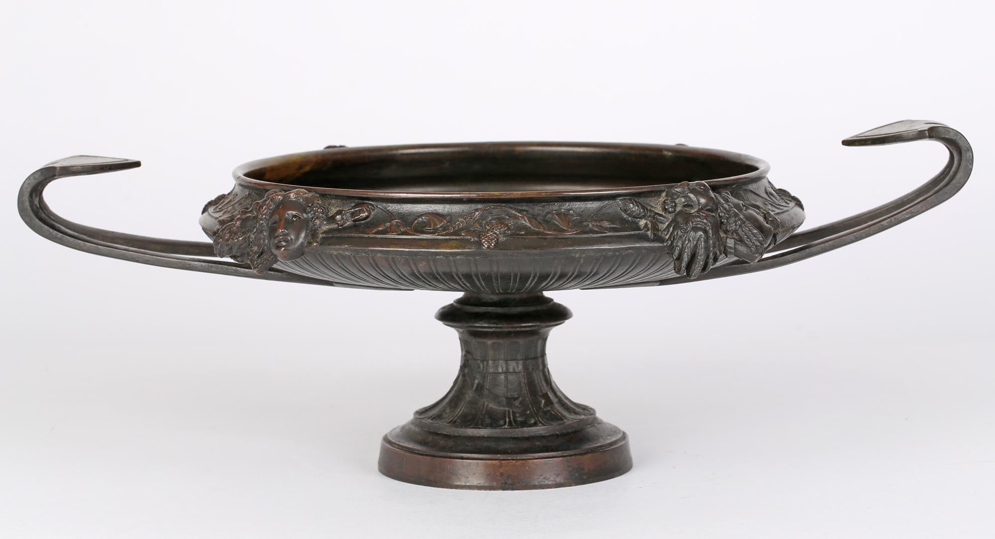 European French Large Twin Handled Bronze Tazza with Classical Masks