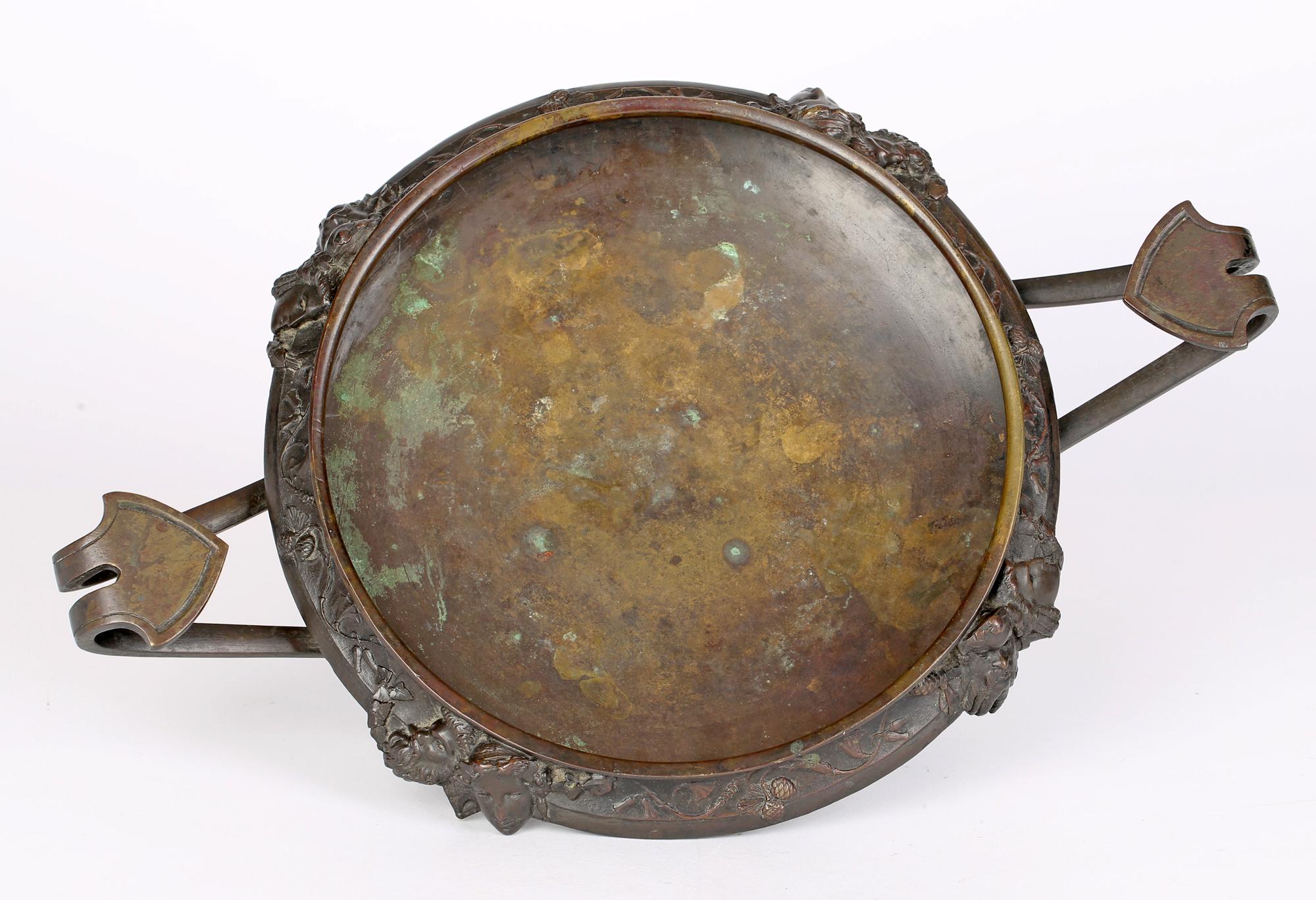 Patinated French Large Twin Handled Bronze Tazza with Classical Masks
