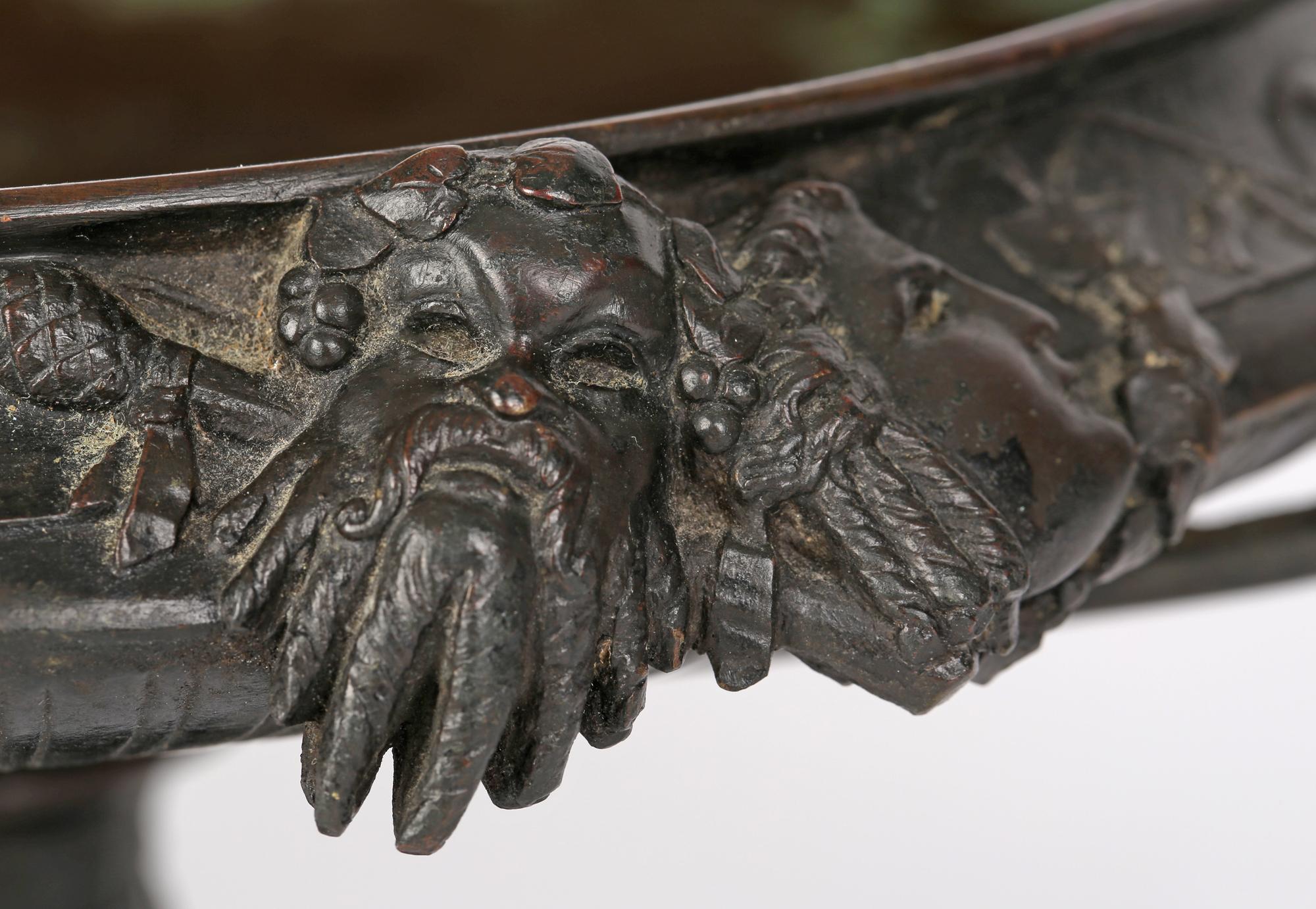 French Large Twin Handled Bronze Tazza with Classical Masks In Good Condition In Bishop's Stortford, Hertfordshire