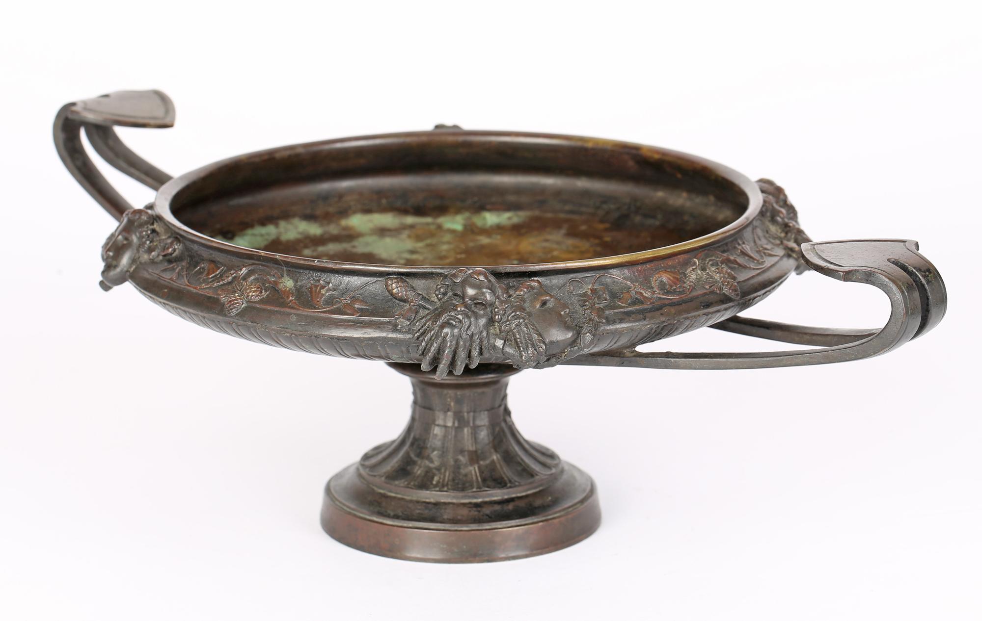 19th Century French Large Twin Handled Bronze Tazza with Classical Masks