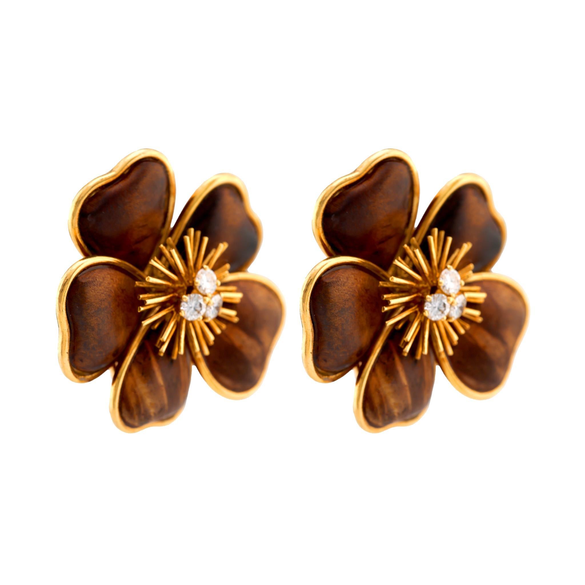 Pendientes franceses grandes Van Cleef & Arpels de oro amarillo de 18 quilates de madera Clematis Corte brillante