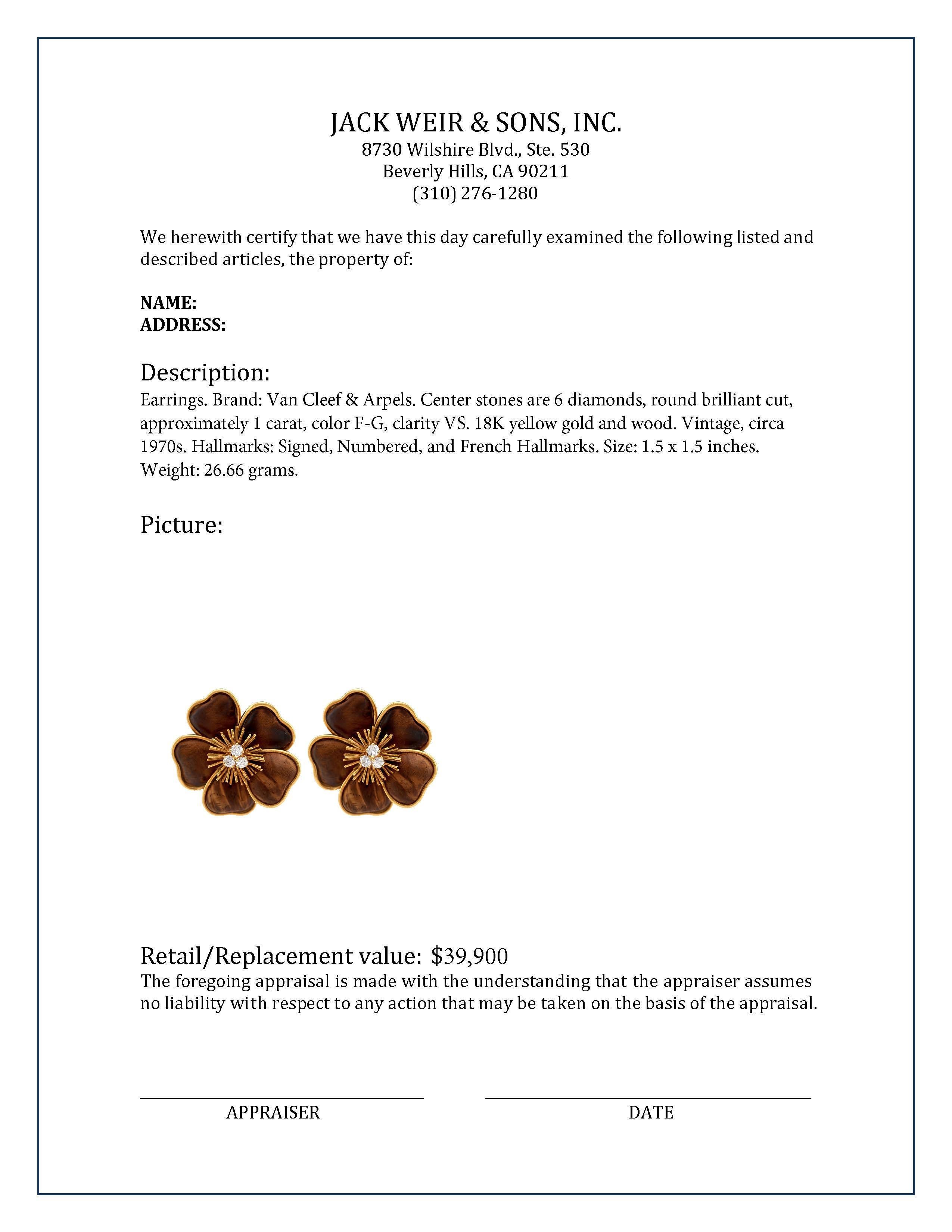 Femenino o masculino Pendientes franceses grandes Van Cleef & Arpels de oro amarillo de 18 quilates de madera Clematis