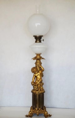 French Large Victorian Gilt Bronze Blown Glass Library Oil Lamp, Electrified
