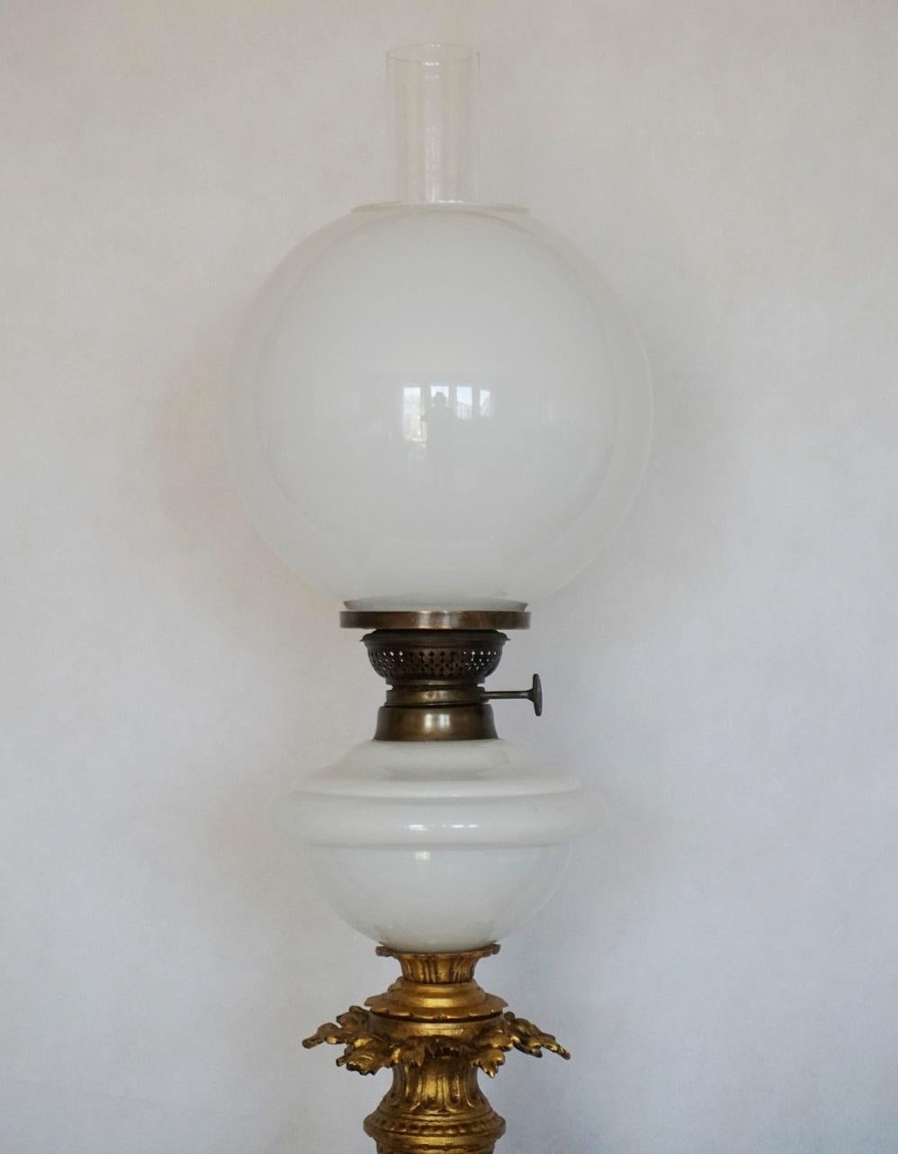 Patinated French Large Victorian Gilt Bronze Blown Glass Library Oil Lamp, Electrified For Sale