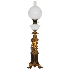 French Large Victorian Gilt Bronze Blown Glass Library Oil Lamp, Electrified