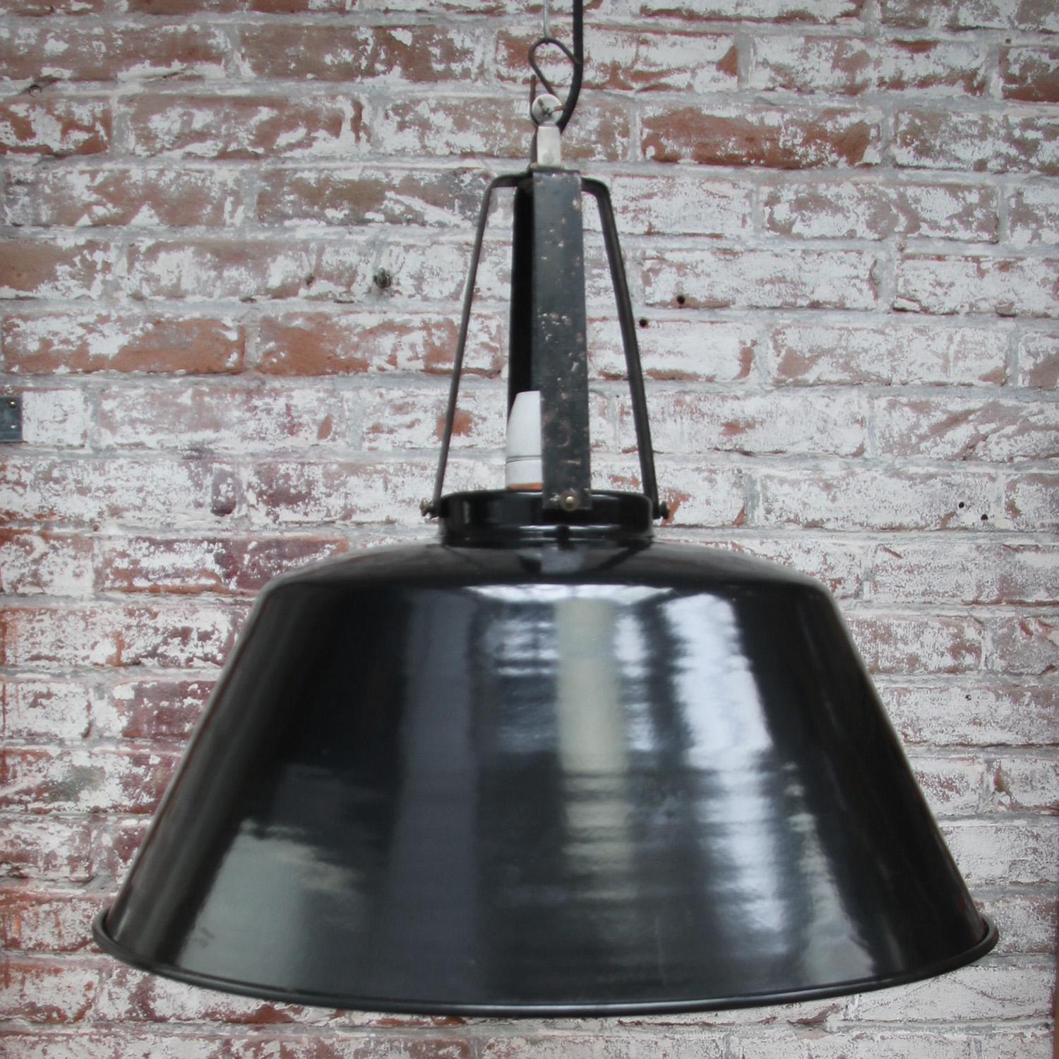 20th Century French Large Vintage Industrial Black Enamel Pendant Lights For Sale