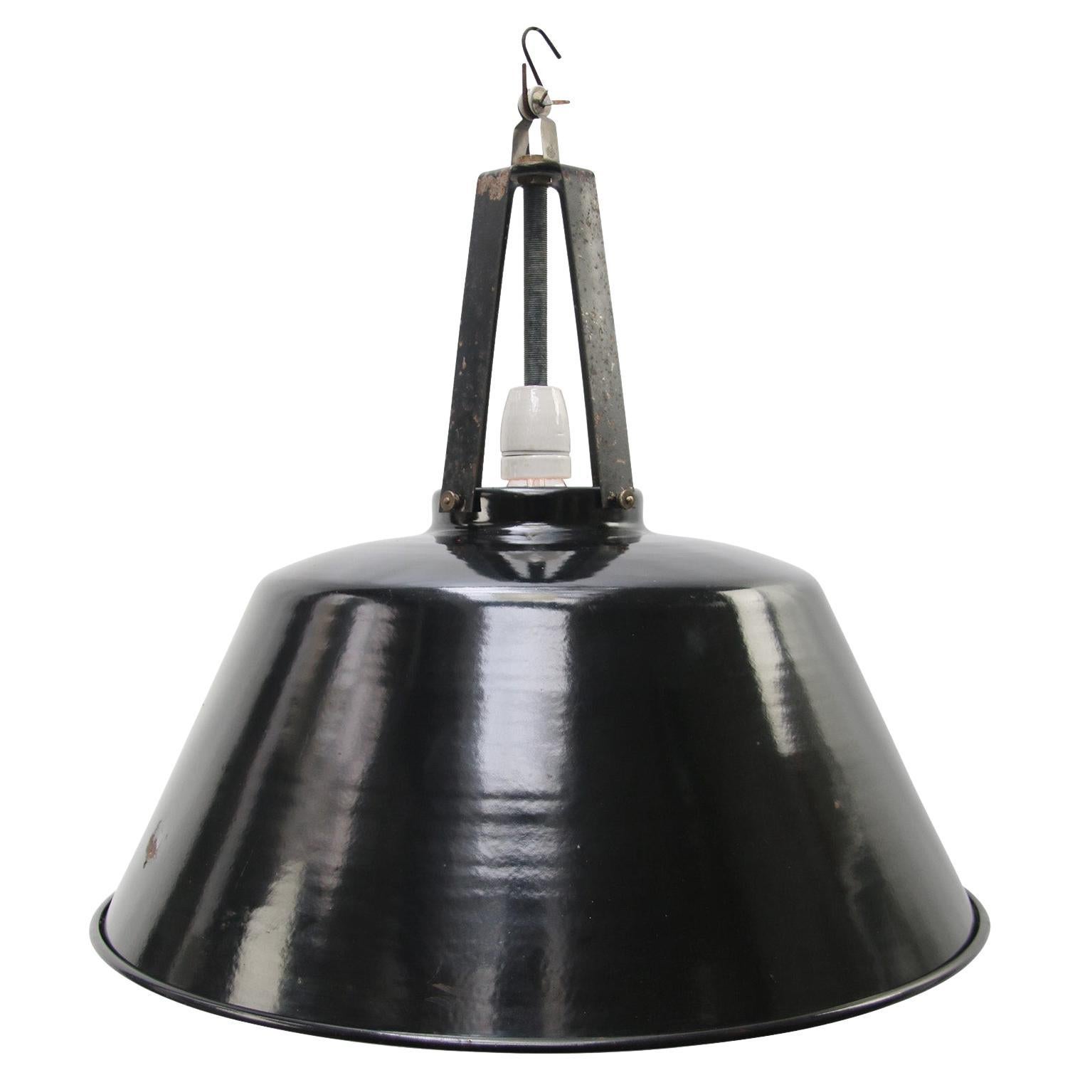 French Large Vintage Industrial Black Enamel Pendant Lights For Sale