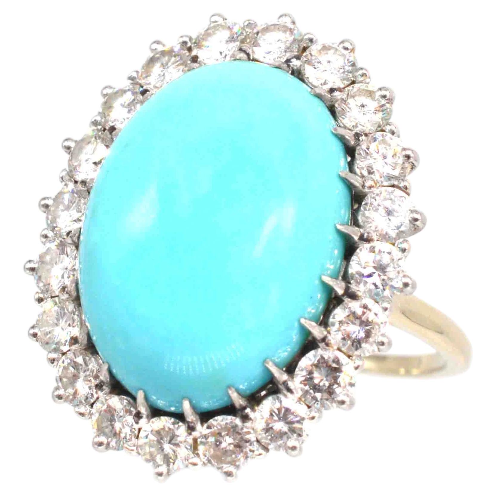 French Large Vintage Turquoise and Diamond Cluster Cocktail Ring For Sale