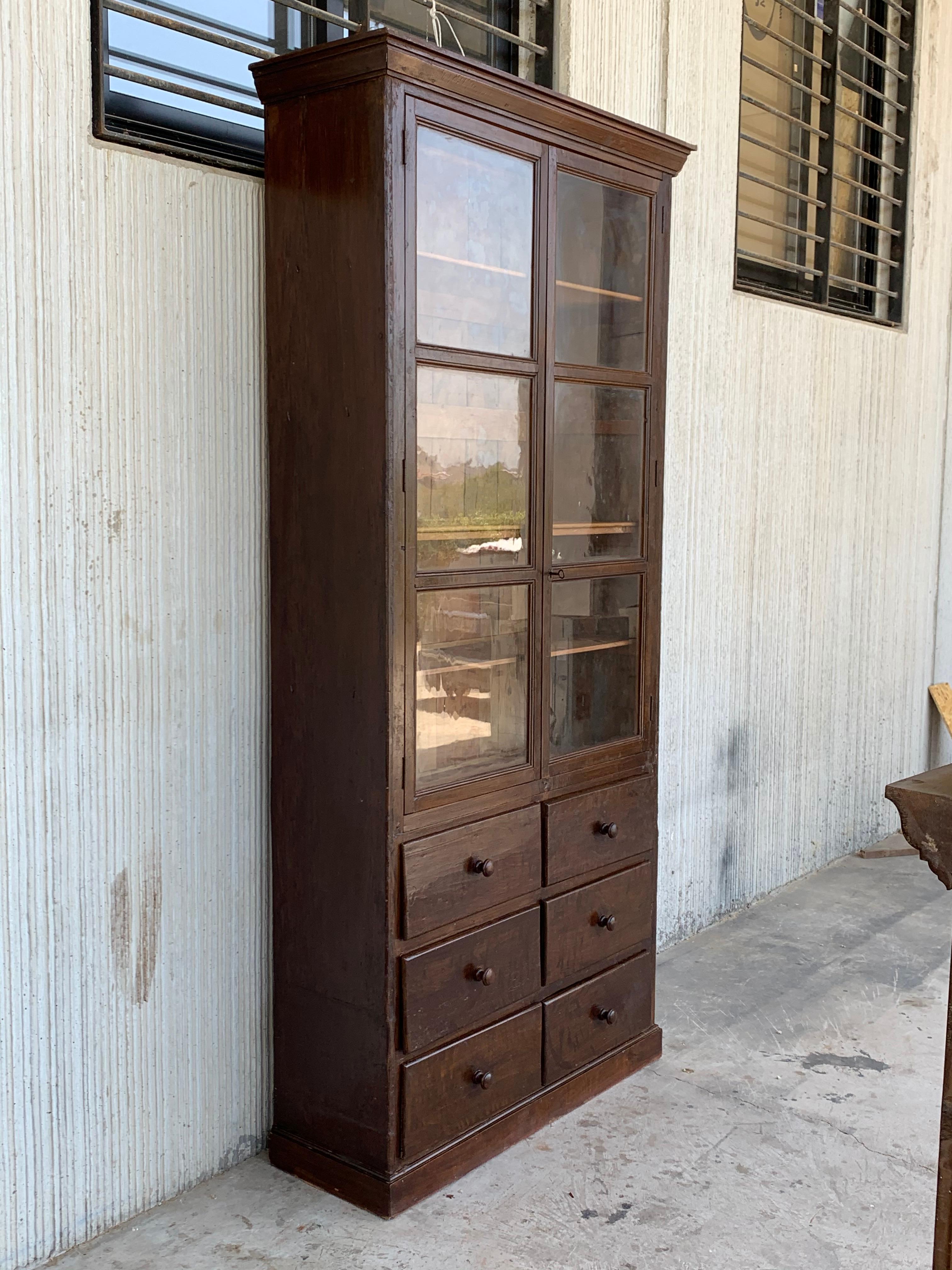 Spanish Colonial French Large Walnut Cupboard or Bookcase with Glass Vitrine, 19th Century