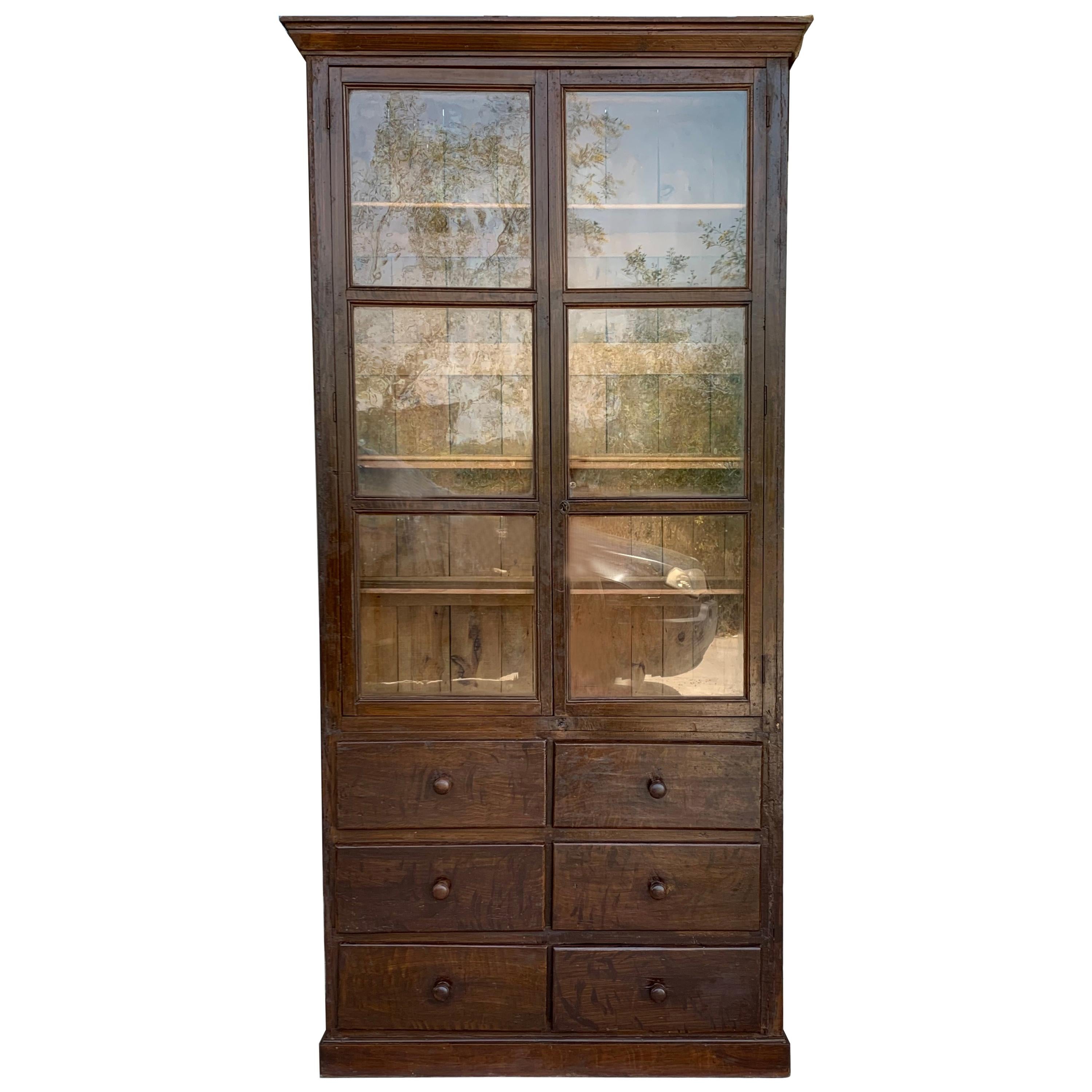 French Large Walnut Cupboard or Bookcase with Glass Vitrine, 19th Century