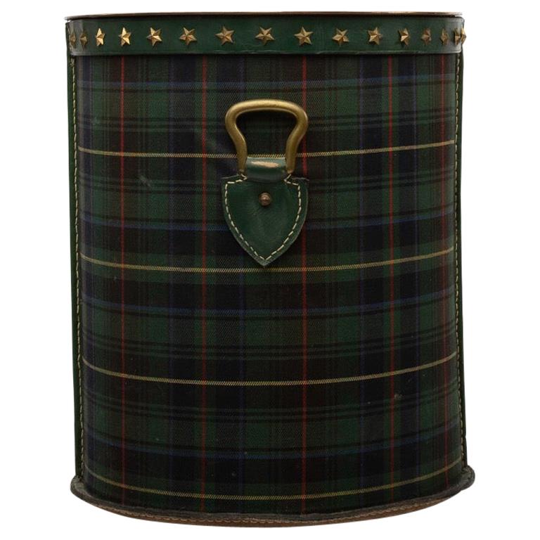 French Large Waste Paper Basket, Tartan Fabric, Leather with Bronze